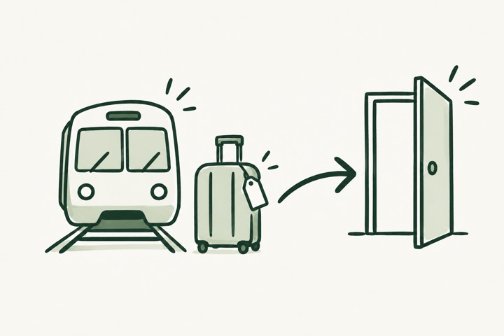 Line drawing of a train, suitcase and an arrow towards a doorway.