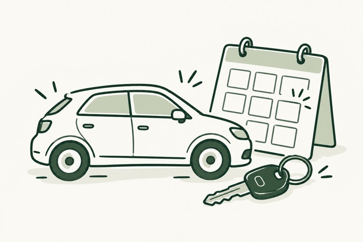 Line drawing of a generic car, key and calendar for choosing driving days.