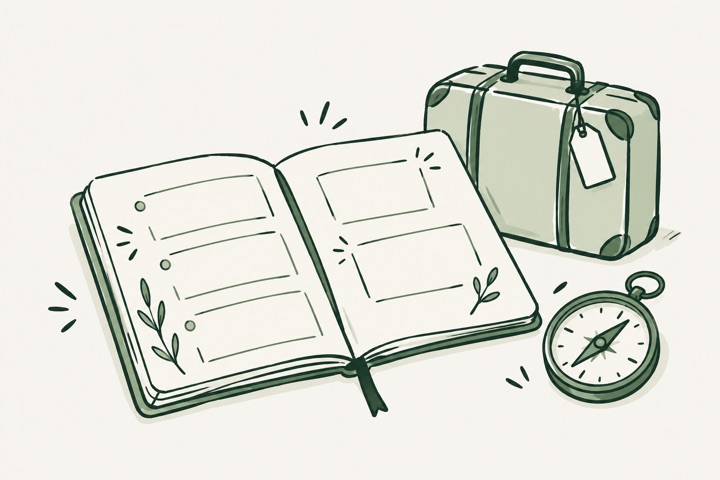 Line drawing of a travel notebook, suitcase and compass.