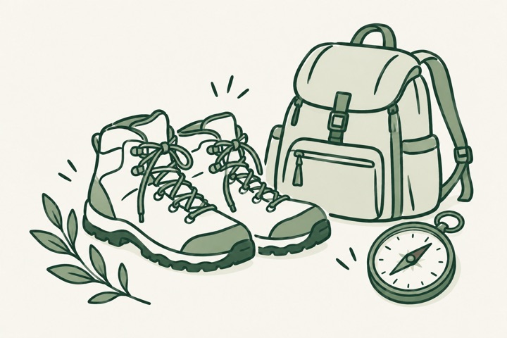 Line drawing of walking boots, a backpack, compass and leafy sprig.