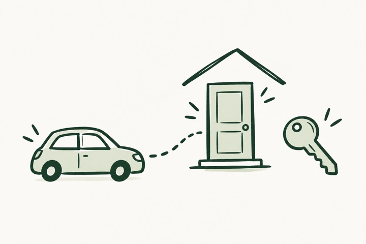 Line drawing of a car approaching a doorway, with a key beside it.